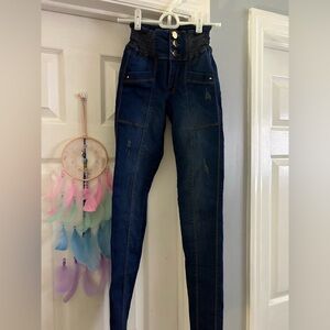 High-Waist Dark Blue Women's Jeggings with Elastic Smocked Waist